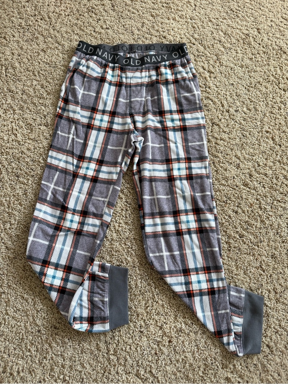 Old Navy Gray Plaid Fleece Pajama Pants with Blue & Orange Accents